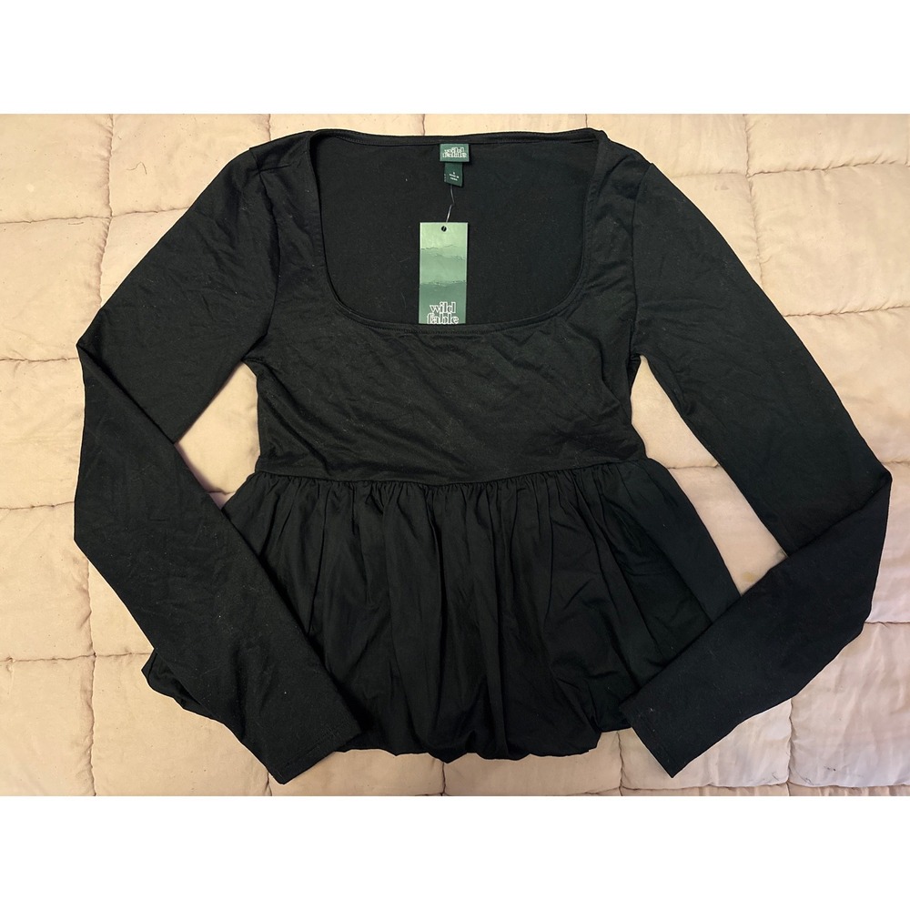 NEW Wild Fable Women Black Long Sleeve Bubble Peplum Babydoll Top Square Neck, S